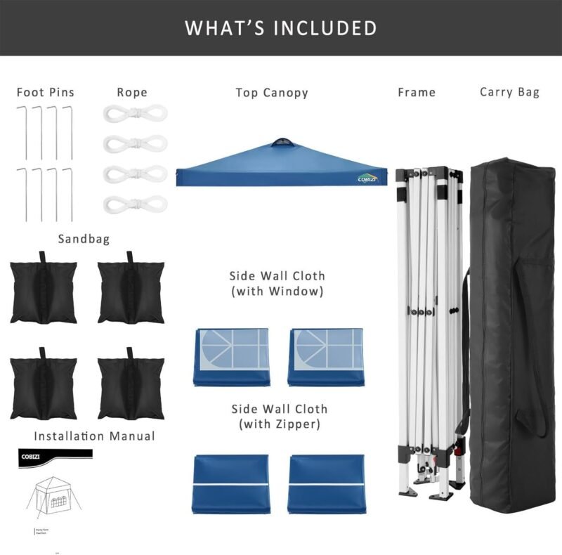 COBIZI 3x3 Pergolas de Jardín, Protección UV Carpas para Exteriores, Impermeable Cenadores para Jardin, Cubra con Respiraderos, con 4 Paredes y 4 Bolsas de Arena,para Camping, Fiestas, Azul - Imagen 6