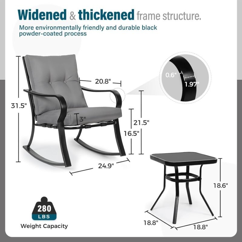 SUNCROWN Outdoor 3-Piece Rocking Chairs Patio Bistro Set Black Steel Furniture with Thickened Cushion and Glass-Top Coffee Table, Grey - Imagen 9