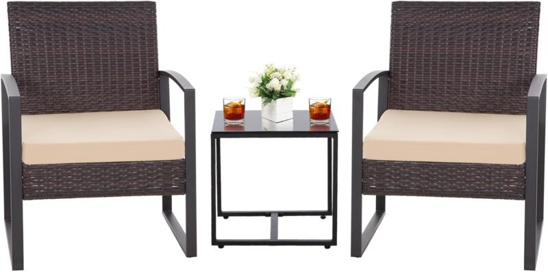 HYDRAGARDEN 3PCS Patio Furniture Set, Outdoor Wicker Bistro Conversation Set with Padded Cushions & Glass Table, Garden Rattan Chair Set for Porch Balcony Backyard (Plus Brown Wicker & Brown Cushions)