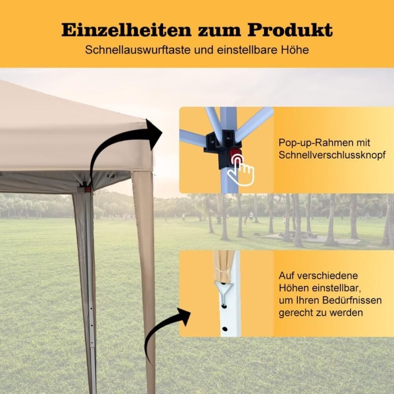 Mingone Carpa Plegable de 2x2 m para Acampar Pabellón de Jardín Protección UV Cenador Regulable en Altura para Exteriores, Fabricado en Tela Oxford, Beige con Bolsa - Imagen 3