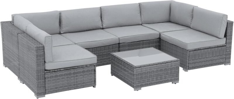 Patiorama 7 Pieces Outdoor Patio Furniture Set, All Weather Grey PE Wicker Rattan Sectional Conversation Set, Porch Garden W/Built-in Glass Table, Seat Clips, Light Grey Cushions - Imagen 2