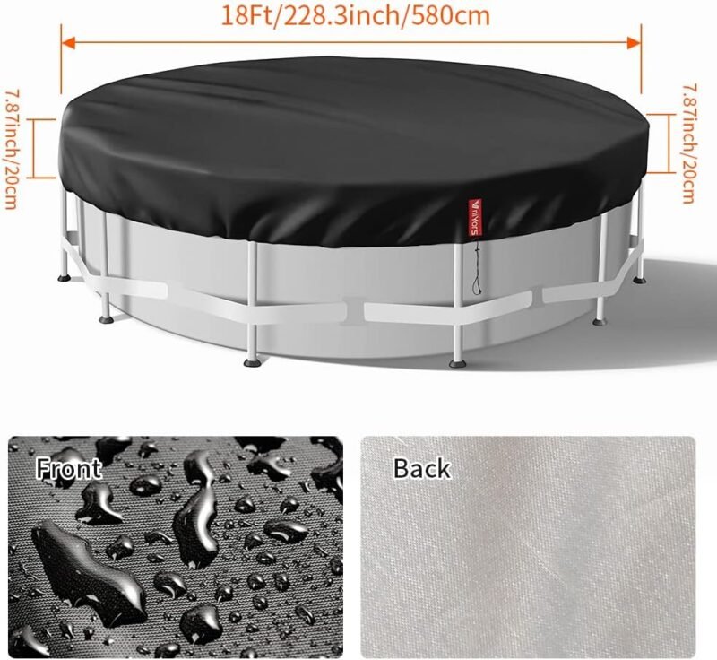 VniYors Cobertor Piscina 550,Tarea Pesada 210D Lona Piscina, Cubre Piscinas Redondas Resistente Al Agua, Al Polvo Y Al Desgarro con CordóN Y Clavos De Tierra（550cm）- Negro - Imagen 2