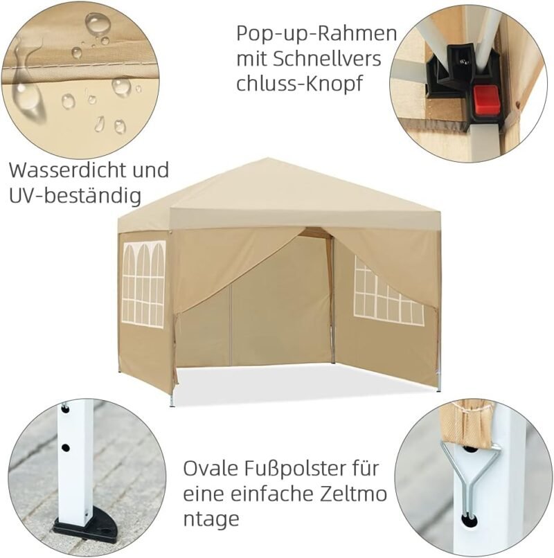 Mingone Carpa Plegable de 3x3 m para Acampar Pabellón de Jardín con 4 Paredes Laterales Protección UV Cenador Regulable en Altura para Exteriores, Fabricado en Tela Oxford, Beige con Bolsa - Imagen 8