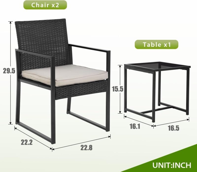 PayLessHere 3-Piece Rattan Wicker Bistro Set Outdoor Conversation Set Sturdy Frame Wicker Furniture with 2 Chairs Cushions Tempered Glass Table for Poolside Balcony Patio Bar Garden (Khaki) - Imagen 8