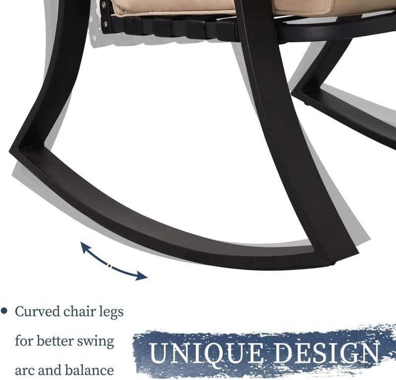 Oakmont Outdoor Furniture 3 Piece Conversation Bistro Set Rocking Chairs and Glass Top Table, Thick Cushions, Black Steel (Brown) - Imagen 5