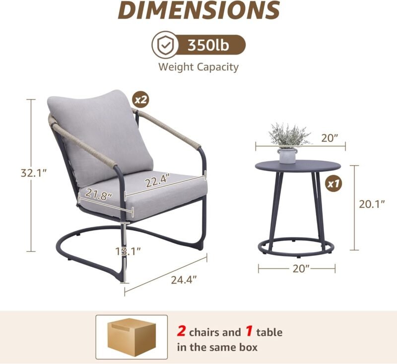 NATURAL EXPRESSIONS Outdoor Bistro Set, 3 Piece Patio Furniture Rocking Chairs Set of 2, No Assembly Required Balcony Porch Chair Metal Table 9" Thick Cushion for Backyard,Garden,Poolside,Deck, 350lbs - Imagen 2