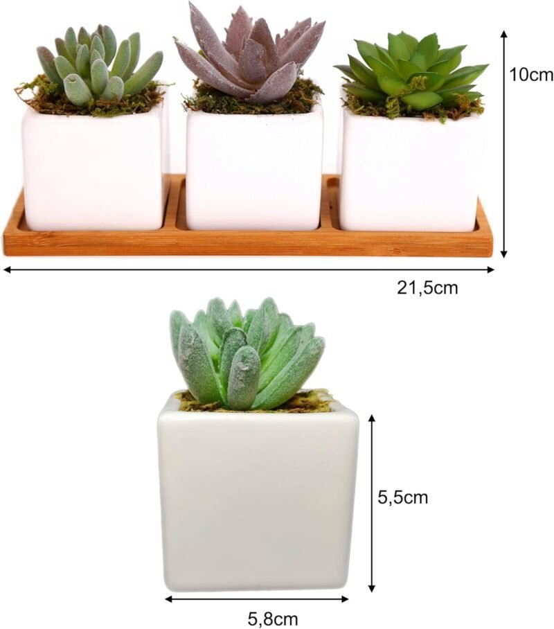 iubihome - Plantas Artificiales Decorativas Pequeñas, Suculentas Artificiales en Mini Macetas de Cerámica y Bandeja de Bambú - Imagen 6