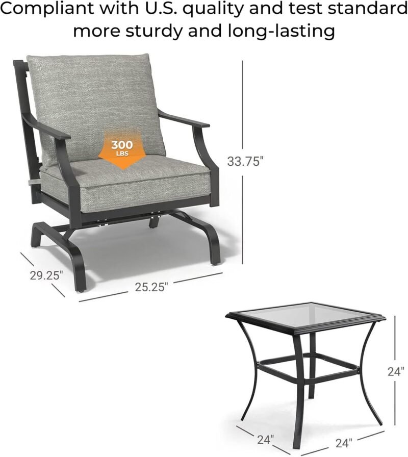 Grand patio 3-Piece Furniture Seating Motion Chairs Set Outdoor Bistro Set Patio Conversation Sets Glider Rocking Chair with Comfortable Gray Cushions Square Coffee Table for Garden Lawn & Poolside - Imagen 2