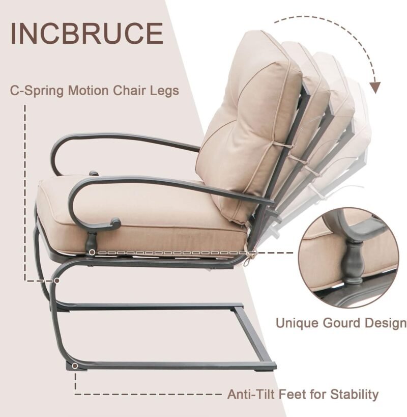 Incbruce 4Pcs Outdoor Metal Furniture Patio Conversation Sets (Glider, Bistro Table, 2 Spring Lounge Chairs) - Wrought Iron Outdoor Glider Chairs Sets (Brown) - Imagen 4