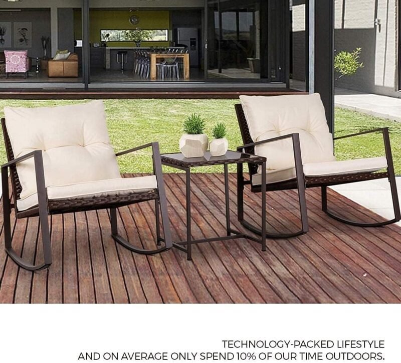 SUNCROWN 3-Piece Patio Bistro Set Outdoor Rocking Chairs Set Brown Wicker Porch Chairs with Glass Coffee Table, Beige Cushion - Imagen 2