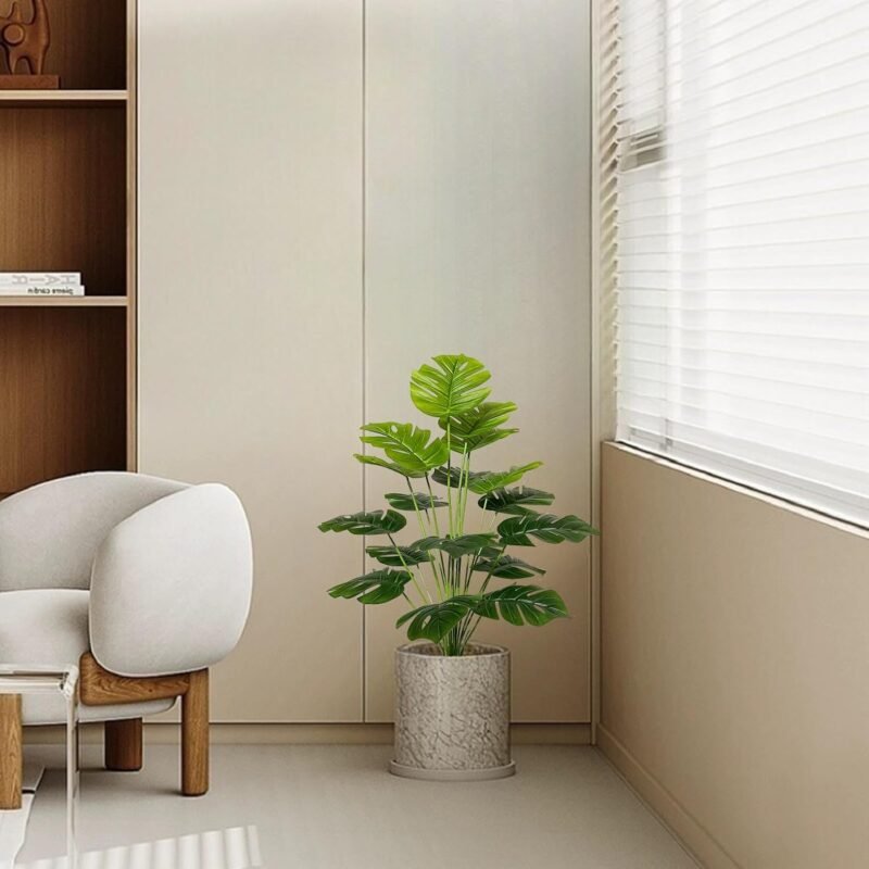 AIVORIUY Planta Artificial con Maceta Areca Palmera Grande Arbol Artificial Plastico Interior y Exterior Hogar Oficina Salon Dormitorio Balcón Moderno Decorativas (75cm Verde Palmera Monstera) - Imagen 4