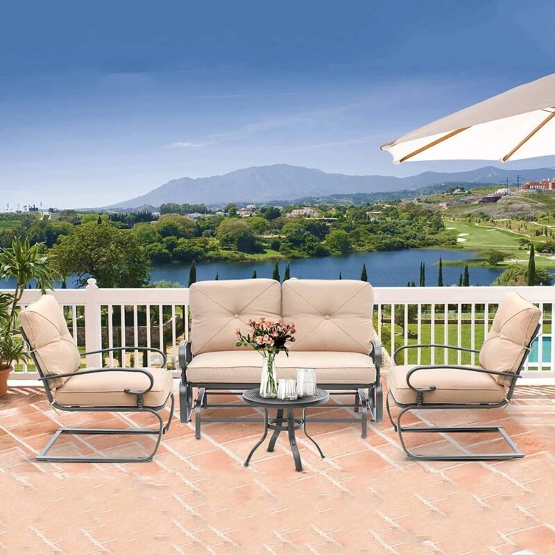 Incbruce 4Pcs Outdoor Metal Furniture Patio Conversation Sets (Glider, Bistro Table, 2 Spring Lounge Chairs) - Wrought Iron Outdoor Glider Chairs Sets (Brown) - Imagen 2