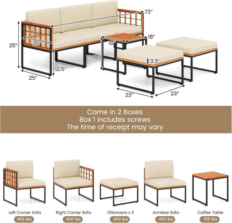 Tangkula 6 Pieces Acacia Wood Patio Furniture Set, Patiojoy Outdoor Sectional Conversation Sofa Set with Cushions, Coffee Table and Ottomans, Patio Seating Sofas for Garden, Poolside, Backyard (Beige) - Imagen 5
