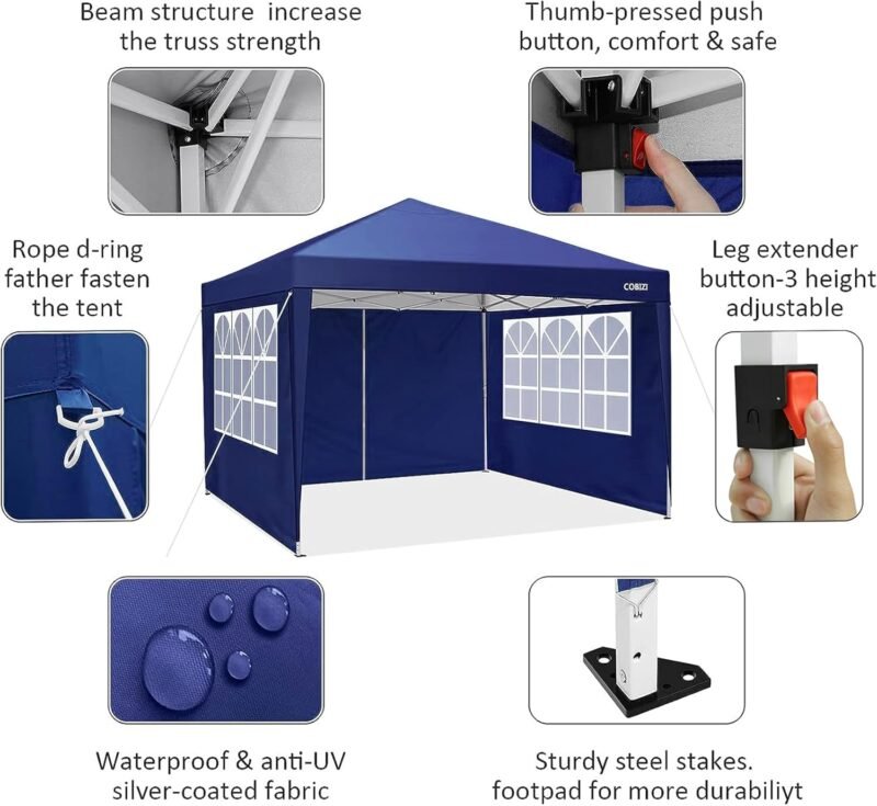 COBIZI - Cenador de jardín (3 x 3 m, con 4 Paneles Laterales extraíbles, Barnum Plegable, Impermeable y antiUV, Tienda emergente portátil para Fiestas, Bodas, Eventos al Aire Libre, - Imagen 2