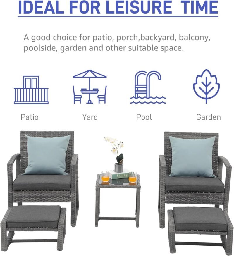 Patiorama 5 Piece Outdoor Patio Wicker Furniture Set, All Weather Grey PE Rattan Chair and Ottoman Footstool Set, W/Coffee Table, Cushions (Dark Grey) for Garden, Balcony, Porch, Space Saving Design - Imagen 8