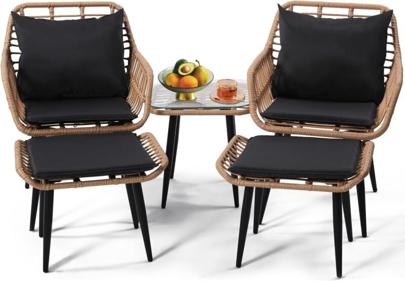Outdoor Wicker Chairs and Table Bistro Conversation Furniture Set, 5 Pieces with Ottoman for Porch, Balcony, Deck, Patio, Backyard, Natural Color