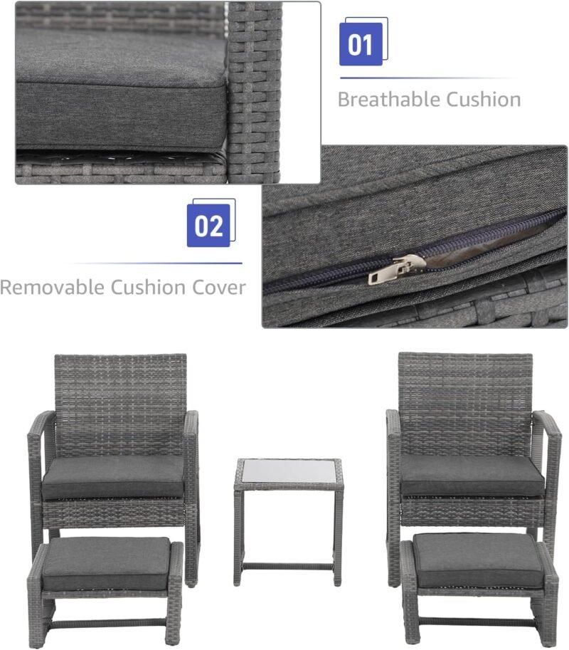 Patiorama 5 Piece Outdoor Patio Wicker Furniture Set, All Weather Grey PE Rattan Chair and Ottoman Footstool Set, W/Coffee Table, Cushions (Dark Grey) for Garden, Balcony, Porch, Space Saving Design - Imagen 5