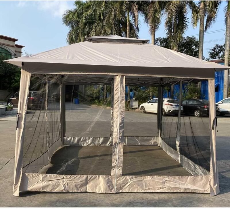 BAKAJI Gazebo de 3 x 3 Metros Plegable con mosquiteras de Tela de poliéster Impermeable, Estructura de Metal Plegable para acordeón, Carpa portátil, Feria, Mercado de jardín, Exterior, Funda Beige - Imagen 8