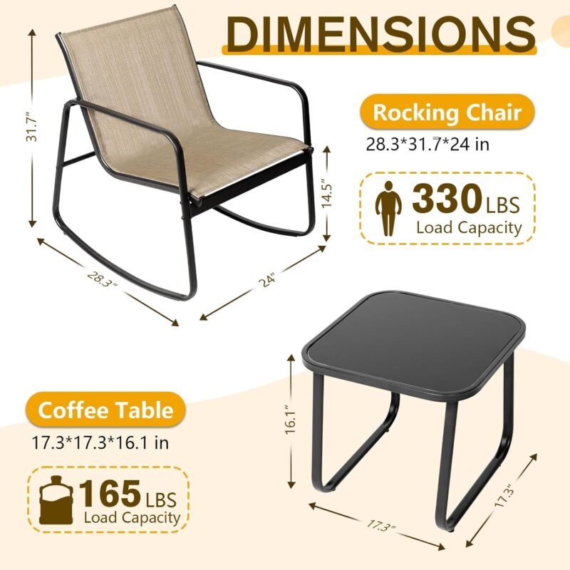 3 Piece Patio Rocking Chairs Set, Outdoor Conversation Set Modern Bistro Set Textilene Balcony Chair Sets with Coffee Table for Yard and Bistro (Brown) - Imagen 3