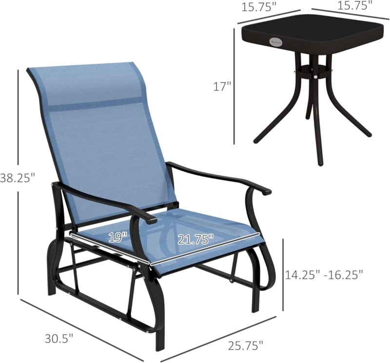 Outsunny 3-Piece Outdoor Gliders Set Bistro Set with Steel Frame, Tempered Glass Top Table for Patio, Garden, Backyard, Lawn, Light Blue - Imagen 5