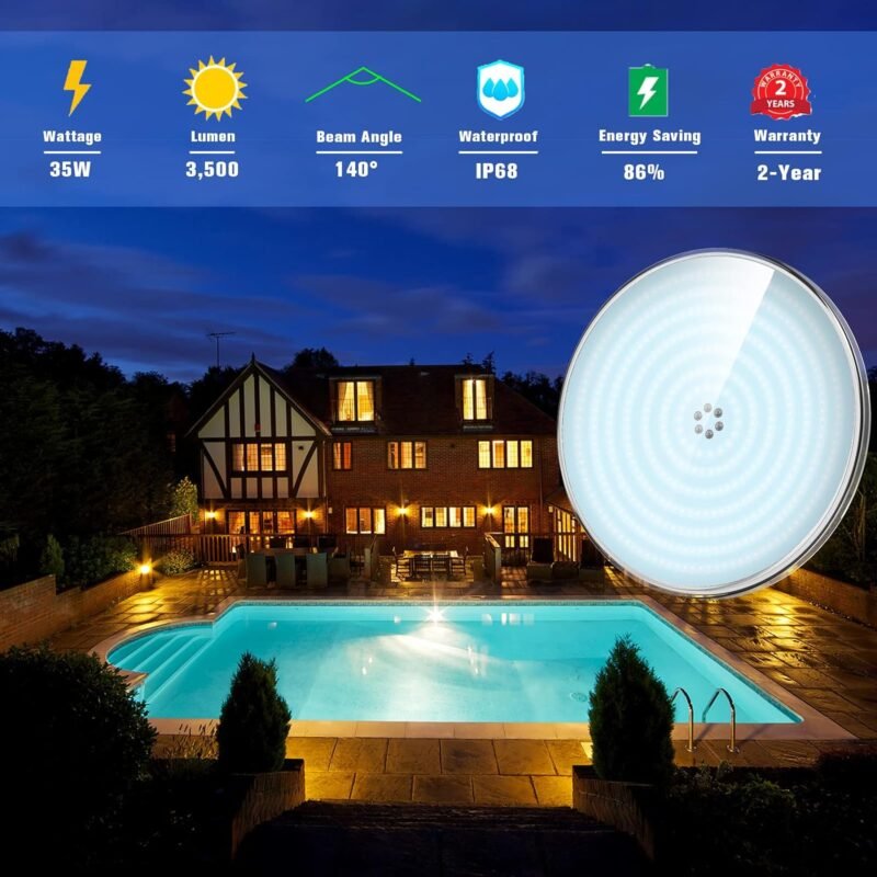 LyLmLe Foco LED Piscina Relleno de Resin, 35W PAR56 Lámpara(equivalente 300W halógena bombilla), Iluminación LED Piscina Empotrable, 3500lm, Ángulo de 140 °, IP68 Impermeable, 12V AC/DC, 6000K - Imagen 2