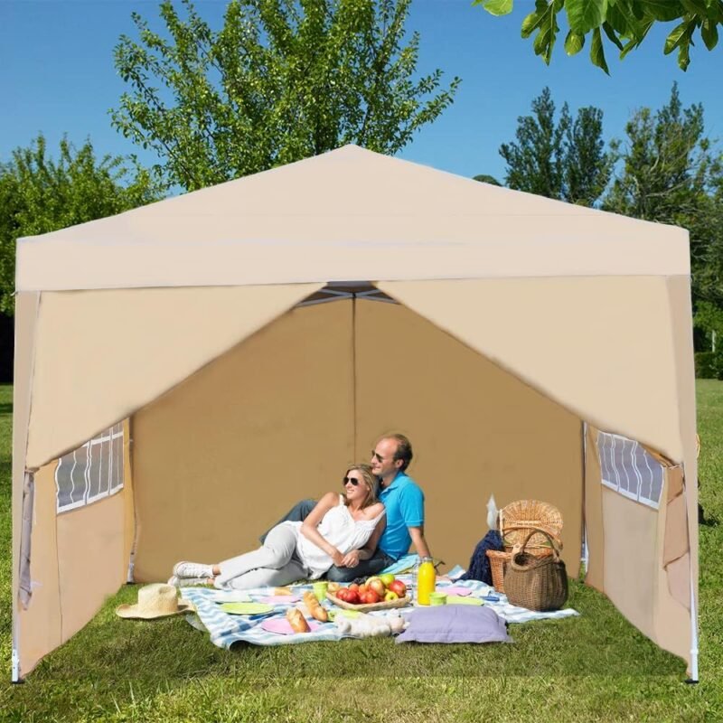 Mingone Carpa Plegable de 3x3 m para Acampar Pabellón de Jardín con 4 Paredes Laterales Protección UV Cenador Regulable en Altura para Exteriores, Fabricado en Tela Oxford, Beige con Bolsa - Imagen 7