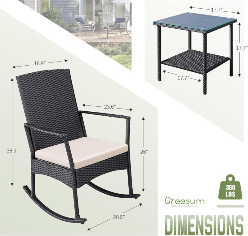 Greesum 3 Pieces Patio Furniture Set Outdoor Wicker Rocking Chairs with Glass Coffee Table for Garden Backyard Porch Poolside, Beige - Imagen 6