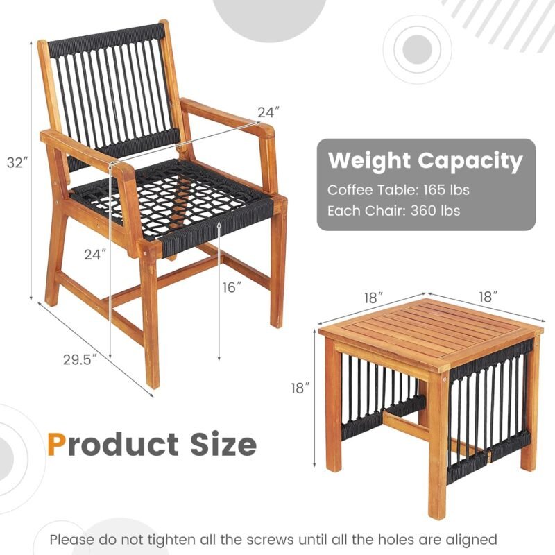 Tangkula 3 Pieces Acacia Wood Outdoor Furniture Set, All-Weather Rope Woven Bistro Set with Armchairs and Coffee Table, Patio Conversation Set for Front Porch, Deck, Balcony - Imagen 4