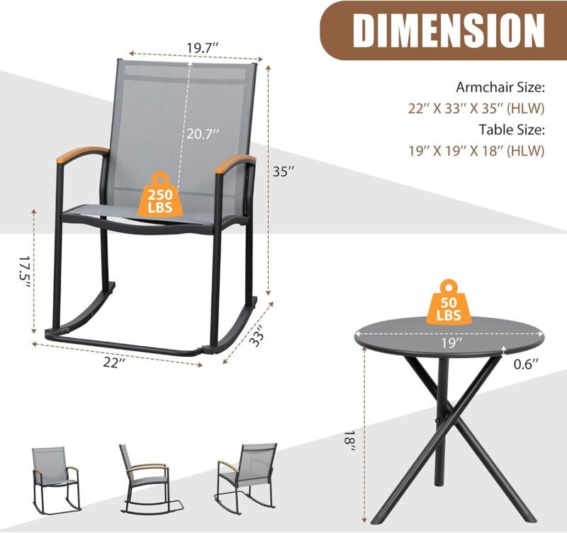 Shintenchi 3 Piece Outdoor Rocking Bistro Set, Textilene Fabric Small Patio Furniture Set, Front Porch Rocker Chairs Conversation Set with Table for Lawn, Garden, Balcony, Poolside (Light Gray) - Imagen 6