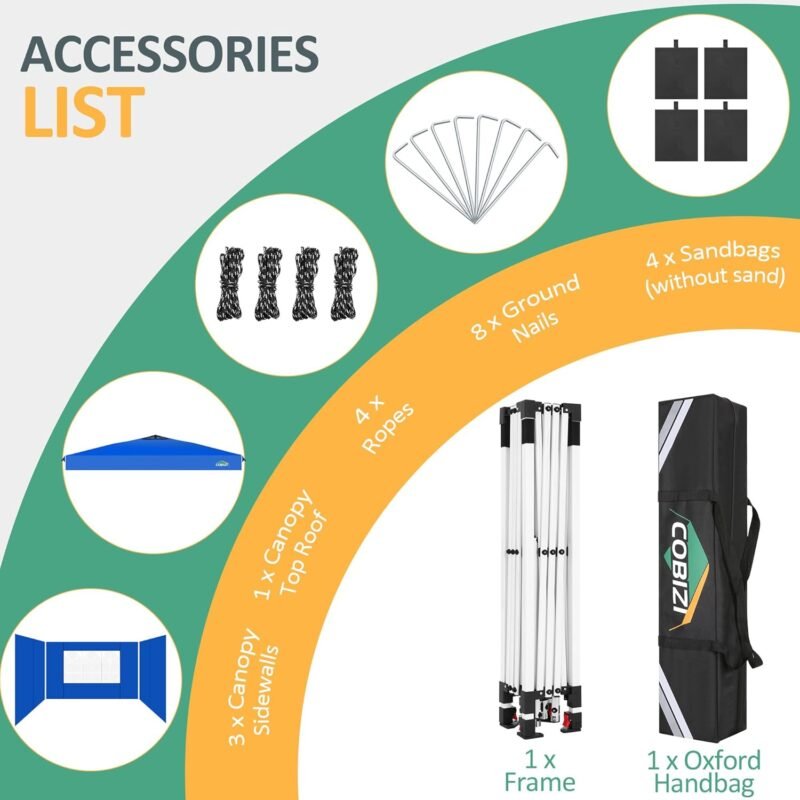 COBIZI Cenador Plegable de 3 x 3 m, Resistente al Agua, Estable, Resistente al Invierno, para Fiestas, jardín, 3 Paneles Laterales, Plegable, para Camping, Festivales, Jardines, Playas, Negocios, 4 - Imagen 7