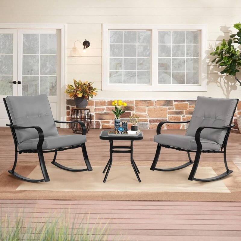 SUNCROWN Outdoor 3-Piece Rocking Chairs Patio Bistro Set Black Steel Furniture with Thickened Cushion and Glass-Top Coffee Table, Grey - Imagen 4