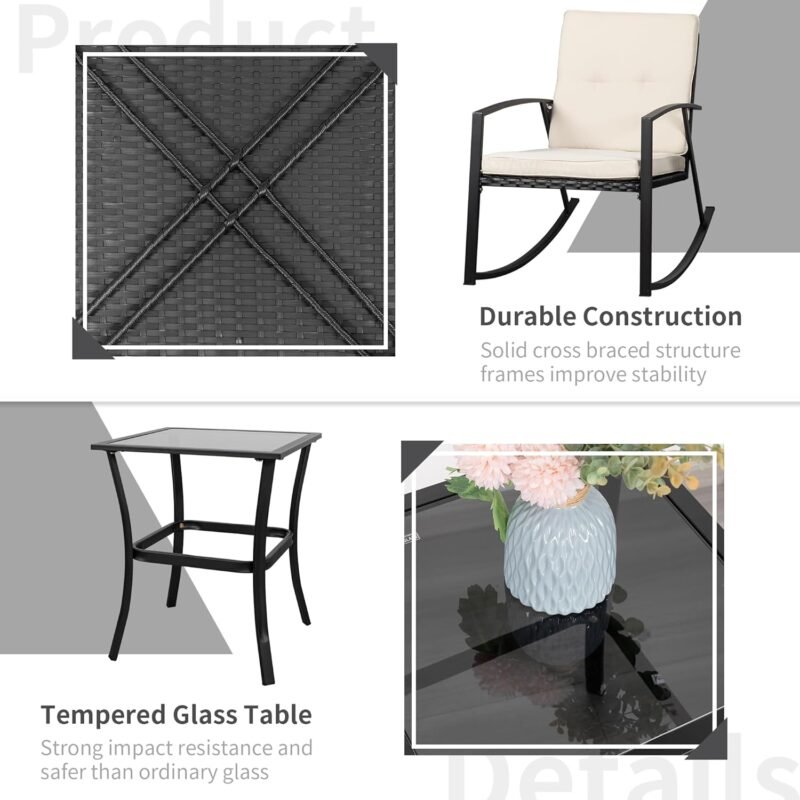 Shintenchi 3 Pieces Rocking Bistro Set Wicker Patio Outdoor Furniture, 2 Rattan Porch Chairs Conversation Sets with Glass Coffee Table (Beige) - Imagen 4