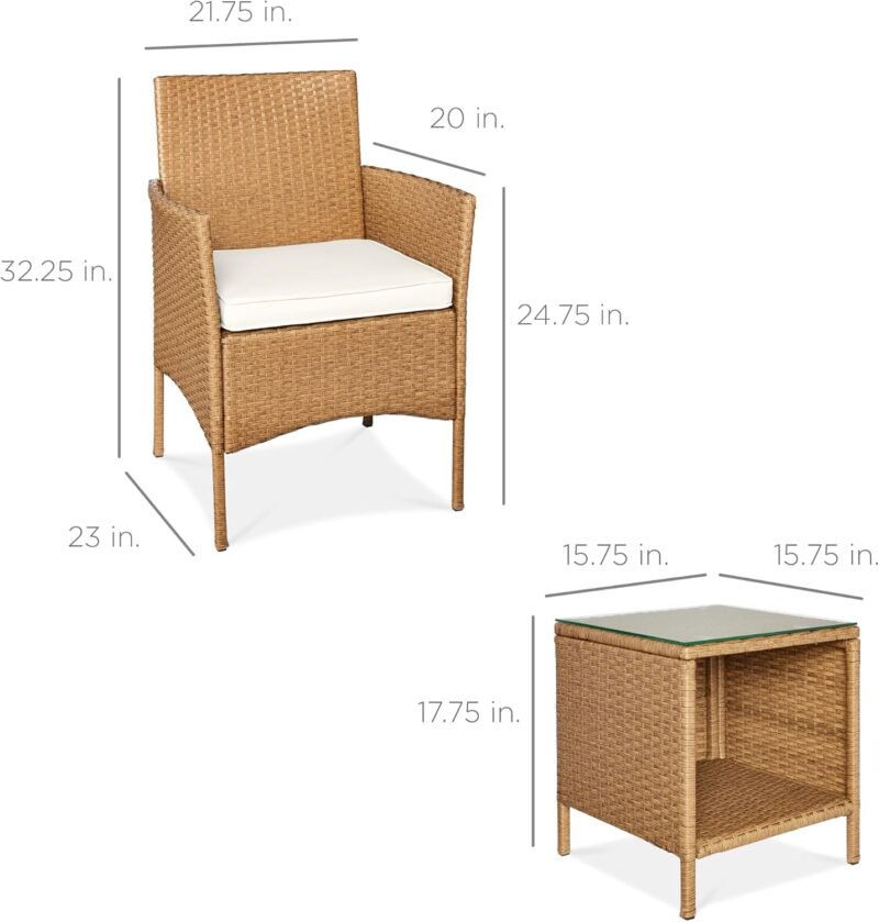 Best Choice Products 3-Piece Outdoor Wicker Conversation Bistro Set, Space Saving Patio Furniture for Garden w/Side Table - Natural/Ivory - Imagen 7