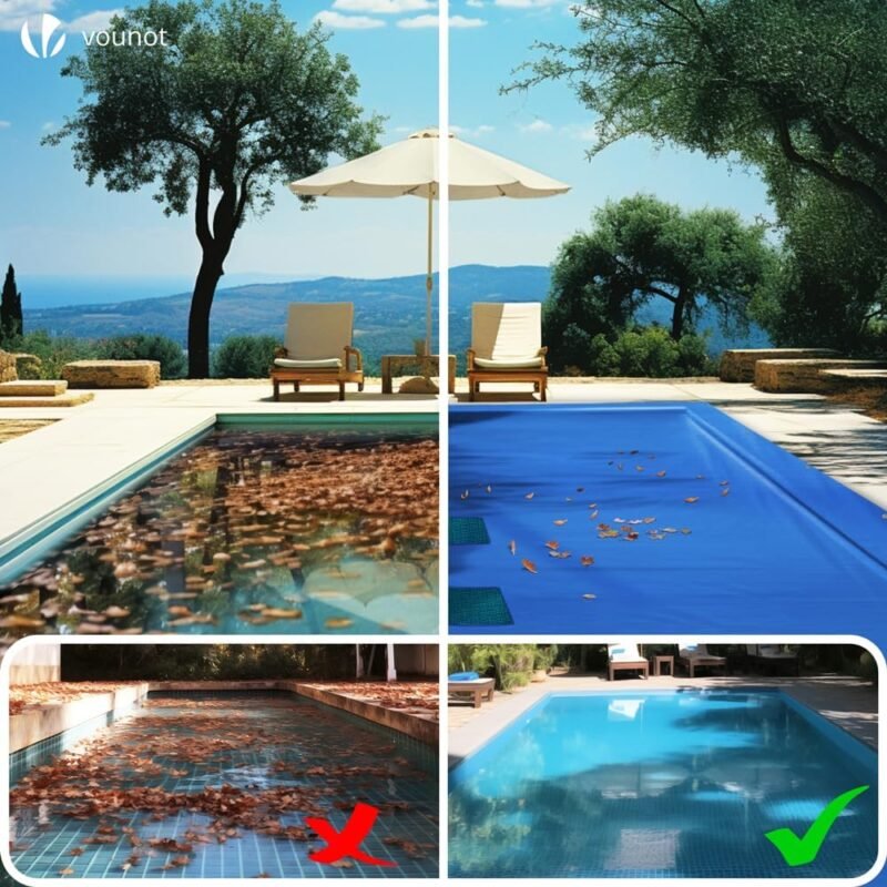 VOUNOT Lona para Piscina Rectangular 14 x 8 m, Cubierta Protectora PE de 160 g/m² con Red Central de Drenaje, Funda de Piscinas Anti-UV con Ojales Cada 100 cm, Azul-Gris - Imagen 3