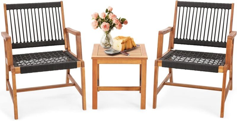 Tangkula 3 Pieces Acacia Wood Outdoor Furniture Set, All-Weather Rope Woven Bistro Set with Armchairs and Coffee Table, Patio Conversation Set for Front Porch, Deck, Balcony - Imagen 9