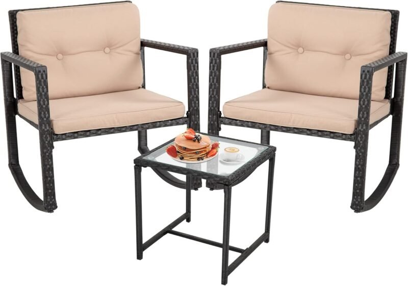 FDW Wicker Patio Furniture Outdoor Bistro Set, Rocking Chair, 3 Piece, Rattan Conversation Set for Backyard Porch Poolside Lawn with Coffee Table,Black