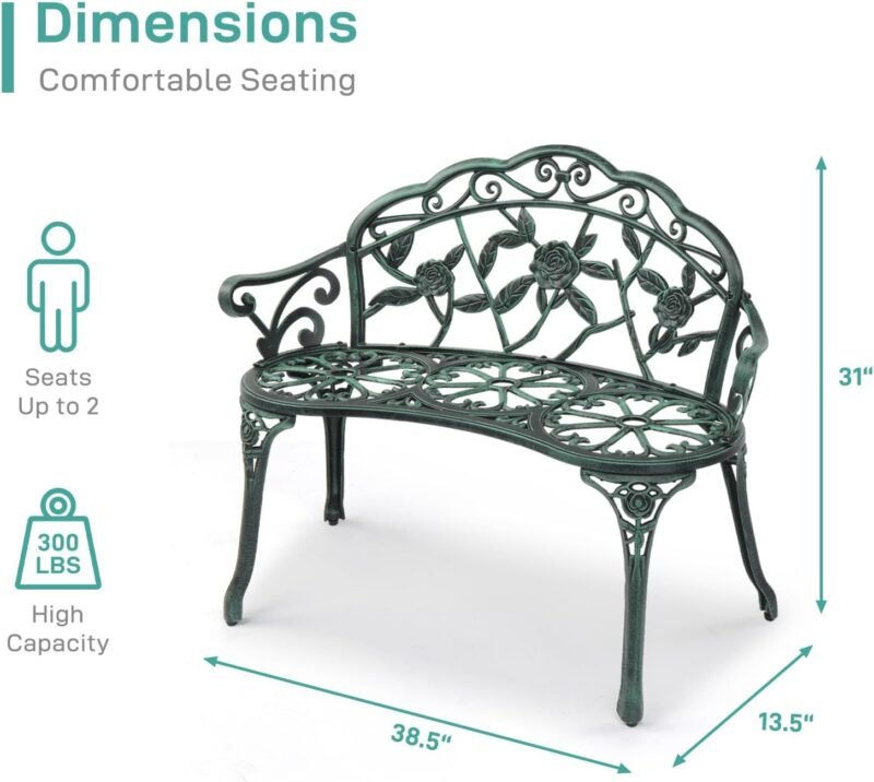 VINGLI 38.5" Patio Park Garden Outdoor Metal Rose Bench,Cast Iron Cast Aluminium Frame Antique Finish Chair,Accented Lawn Front Porch Path Yard Decor Deck Furniture for 2 Person Seat（Green&Black - Imagen 3