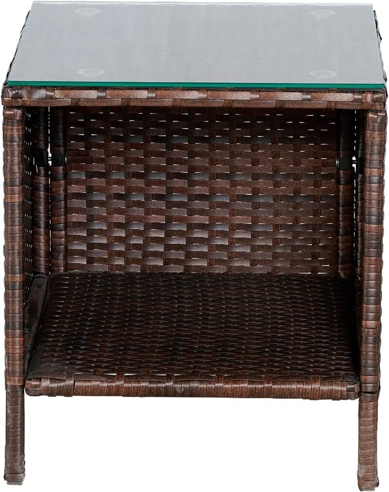 BTEXPERT Outdoor Wicker Patio Conversation 3 Piece Bistro Set Garden Yard Porch Furniture Space Saving Rattan Two Chairs Cushions Side Storage Tempered Glass Table Brown 3pc Set - Imagen 9