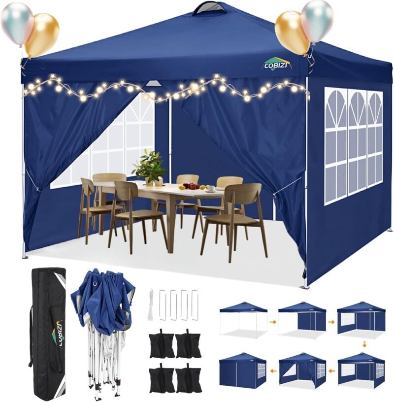 COBIZI Carpa de Jardín de 3x3m Plegable, Cenador Robusto Impermeable, Garden Tent 3x3 Resistente al Agua con 6 Paredes Laterales para Reception,Fiestas, Exterior, Cerveza,Reception,Azul Marino