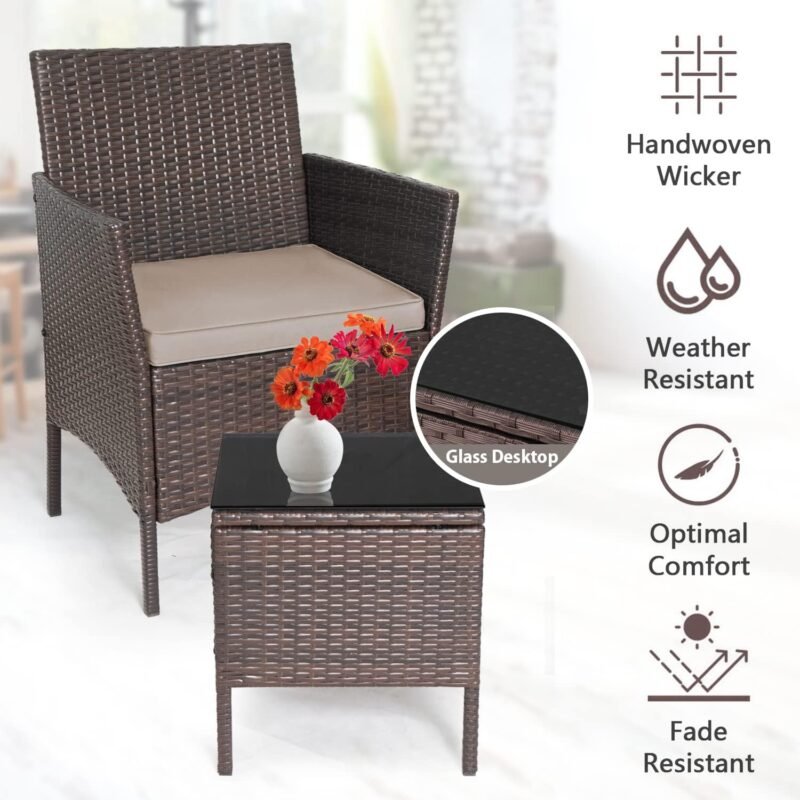 PayLessHere 3-Piece Outdoor Wicker Conversation Bistro Set Outdoor Patio Porch Furniture Sets for Yard, Garden with 2 PE Rattan Wicker Chairs, 2 Cushions,1 coffee table (Khaki) - Imagen 5