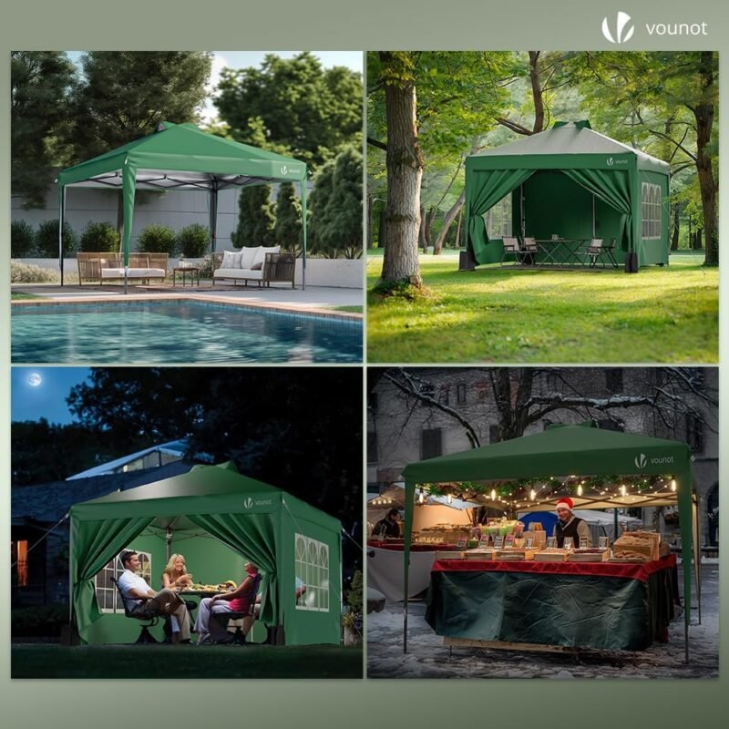 VOUNOT Carpa Plegable Gazebo 3x3m Botón Central, Cenador Pabellón de Jardín con Paredes Laterales, Sacos Arena y Bolsa de Transporte, Pérgola Tienda Protección UV para Camping Fiestas Exterior, Verde - Imagen 4