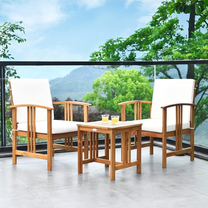 Tangkula 3 Pieces Patio Furniture Set, Includes Set of 2 Outdoor Acacia Wood Cushioned Chairs and Coffee Table, for Garden, Backyard, Poolside, Bistro and Deck, Patio Conversation Chat Set (White) - Imagen 4