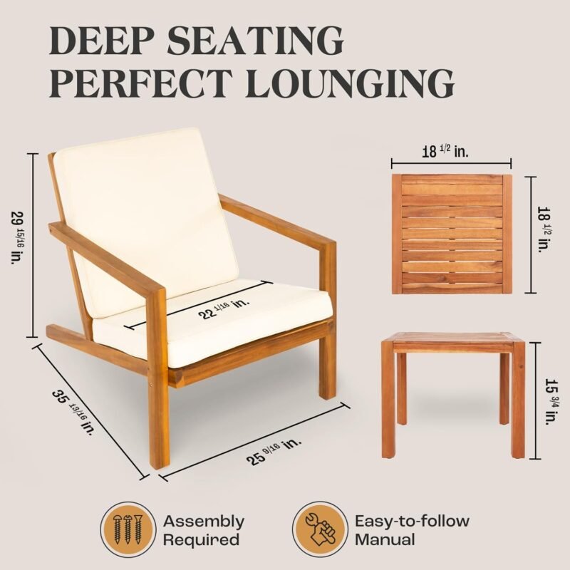 IDZO Eleve 3-Piece Patio Bistro Set: 400lbs Lounge Chairs, Water-Proof Cushions, Wooden Side Table, Ergonomic Design for Garden Or Porch - Imagen 5