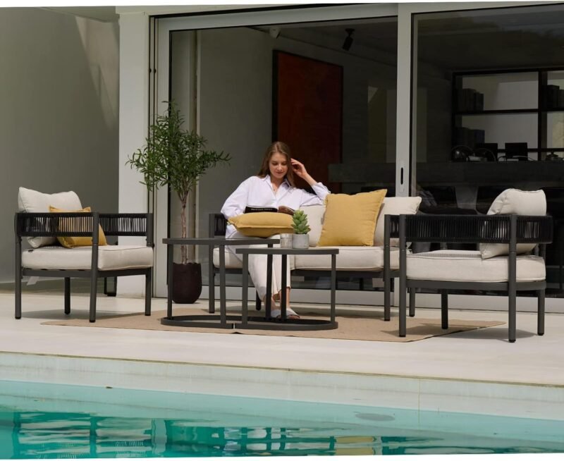 Grand patio 5-Piece Outdoor Furniture Set with Thick Cushions and Coffee Table, Wicker Sofa Conversation Set for Backyard, Beige - Imagen 9