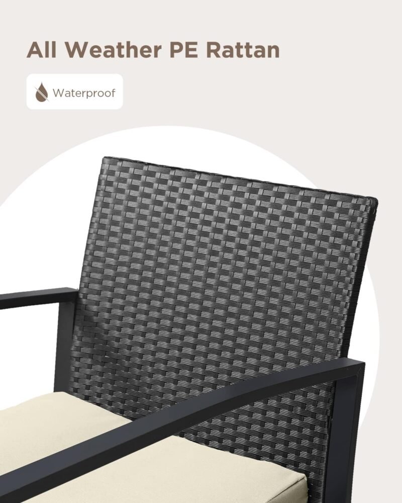 Aiho 3 Pieces Patio Furniture Set, Outdoor Wicker Bistro Rocking Chair Sets with Cushion, Porch Furniture Set with Glass Table, Modern Rattan Conversation Sets for Porches and Balcony, Beige Cushion - Imagen 6