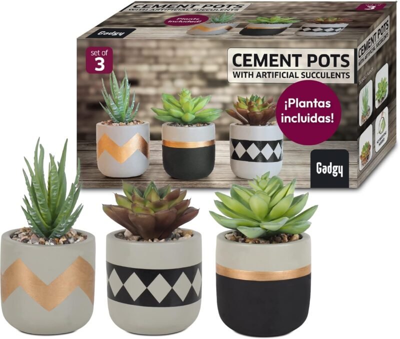 Gadgy Plantas Artificiales Decorativas con Maceta | Juego De 3 | Planta Artificial Decorativa | Plantas Falsas En Macetas De Cemento | Decoracion Interior | Tiestos Pequeñas
