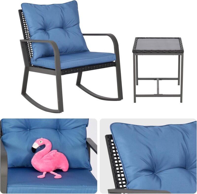 3 Pieces Patio Bistro Set Outdoor Rocking Chair w Cushion for Yard Garden Poolside (Blue) - Imagen 5
