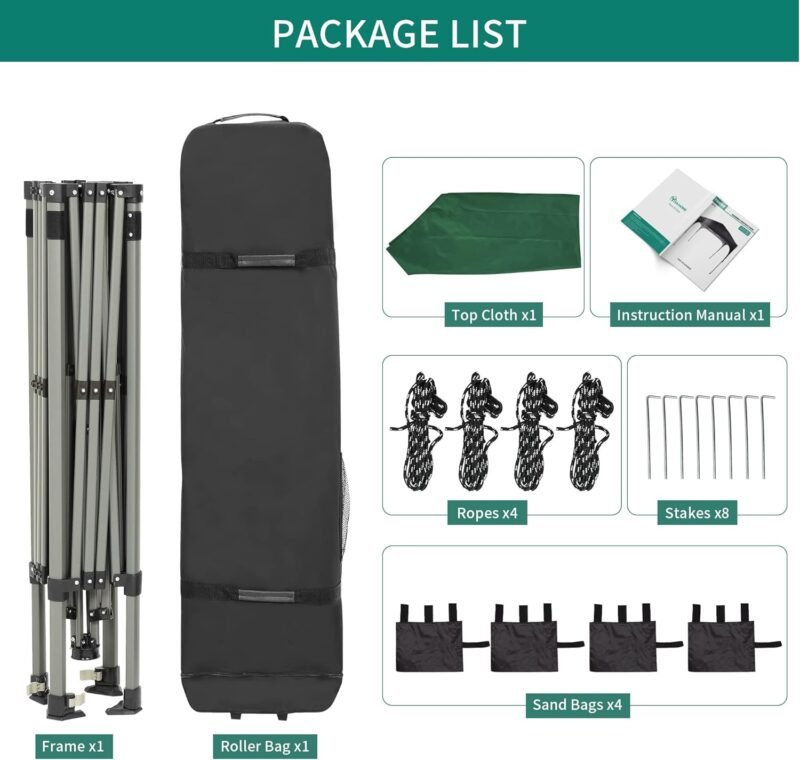 YITAHOME Carpa Plegable Gazebo 3X3 m, Cenador Impermeable Pabellón De Jardín y 4 Bolsas de Arena, Protección UV Altura Ajustable con Bolsa con Ruedas para Camping, Fiestas, Exterior, Verde - Imagen 8