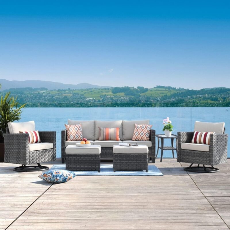 ovios Patio Furniture Set, 6 Piece Outdoor Wicker Sofa with Swivel Rocking Chairs and Comfy Cushions, High Back Rattan Couch Conversation Set, Beige - Imagen 9