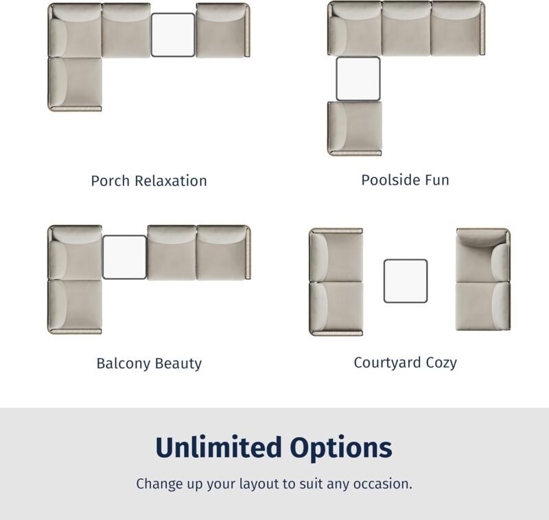 EAST OAK 5-Piece Montauk Modular Patio Furniture Set, Outdoor Corner Sofa with Cushion and Glass Coffee Table, Modern Patio Conversation Set for Garden, Backyard and Porch, Beige & Grey - Imagen 3